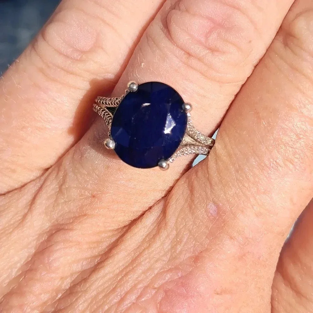 Blue Sapphire and Moissanite Ring in 925 Sterling Silver